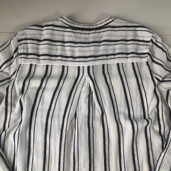 Lucky Brand Womens Top Shirt White Black Striped Roll Tab Sleeve Pocket Small - Picture 11 of 16